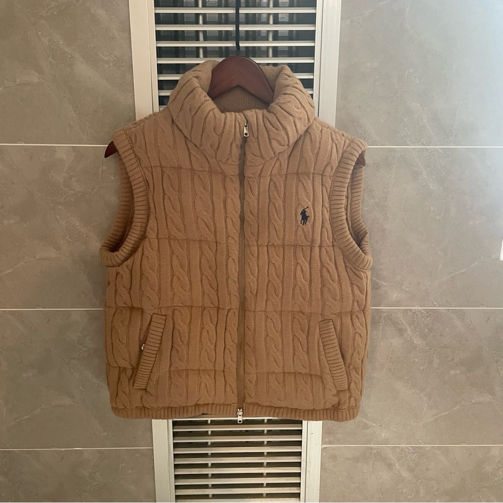 Ralph Lauren Camel Quilted Cable-Knit Puffer Vest